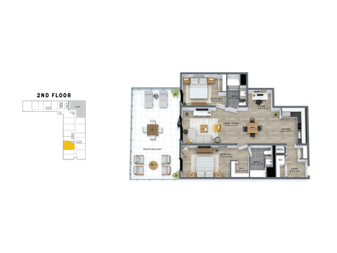Floor plan for 2 beds, 2 baths, 1222 sqft